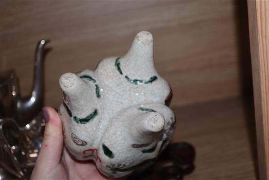 A Chinese famille verte crackle glaze censer, late 19th century (later cover) and a Chinese cloisonne enamel dragon dish